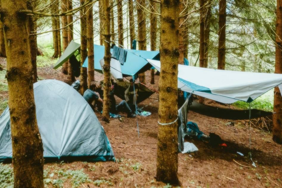 Rugged forest trail with survival gear and compass